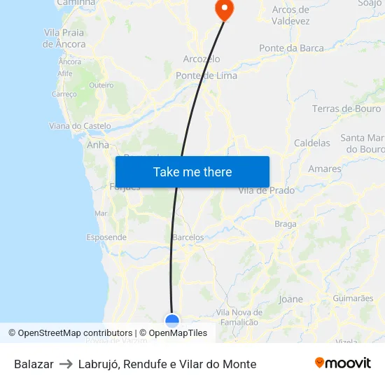 Balazar to Labrujó, Rendufe e Vilar do Monte map