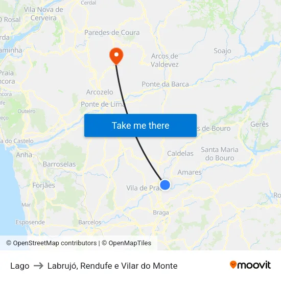 Lago to Labrujó, Rendufe e Vilar do Monte map