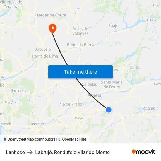 Lanhoso to Labrujó, Rendufe e Vilar do Monte map