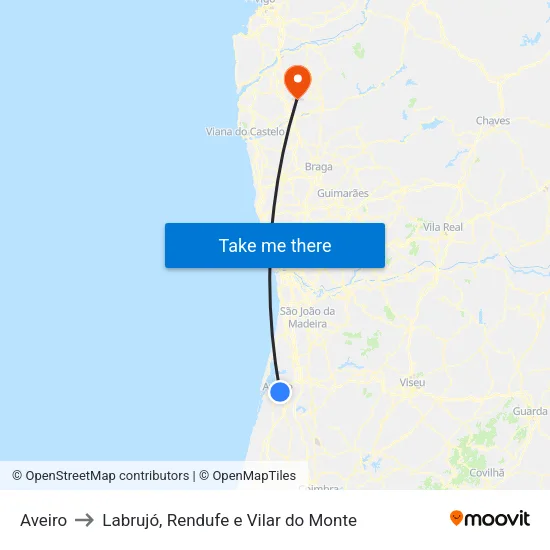 Aveiro to Labrujó, Rendufe e Vilar do Monte map