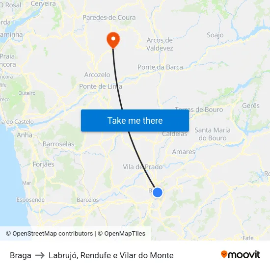 Braga to Labrujó, Rendufe e Vilar do Monte map