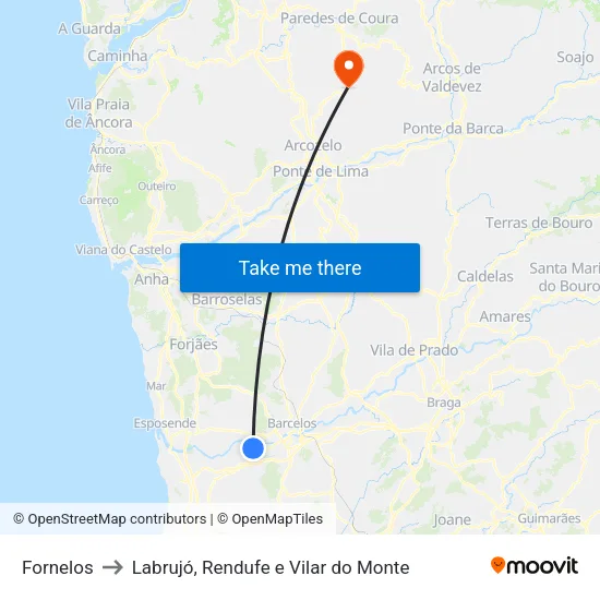Fornelos to Labrujó, Rendufe e Vilar do Monte map