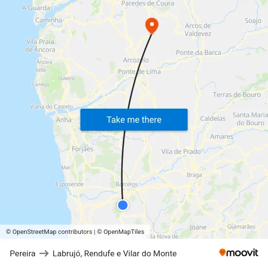 Pereira to Labrujó, Rendufe e Vilar do Monte map