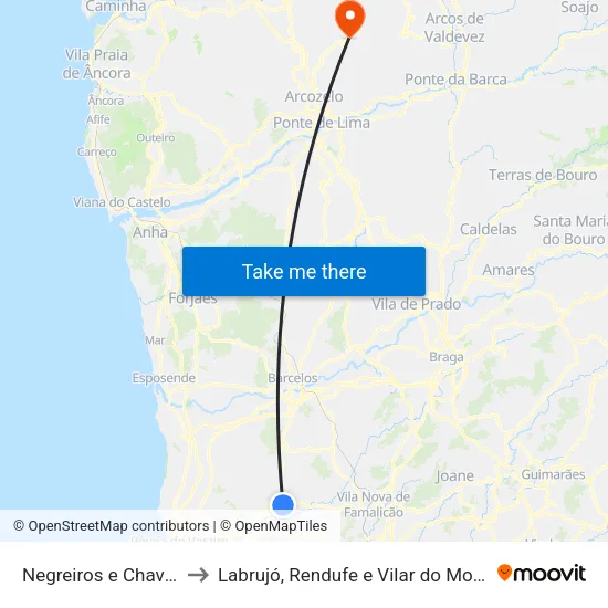 Negreiros e Chavão to Labrujó, Rendufe e Vilar do Monte map