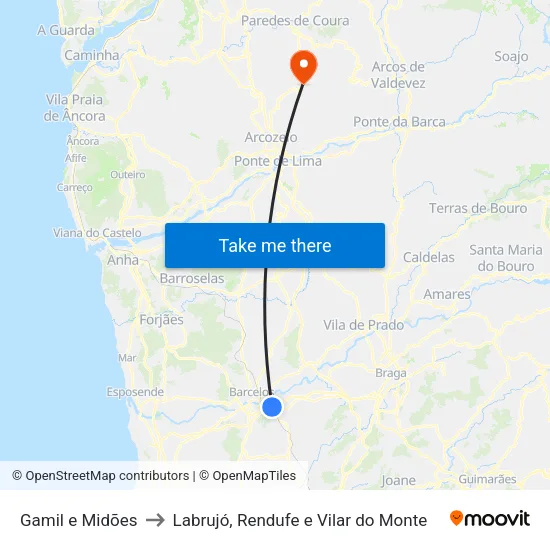 Gamil e Midões to Labrujó, Rendufe e Vilar do Monte map