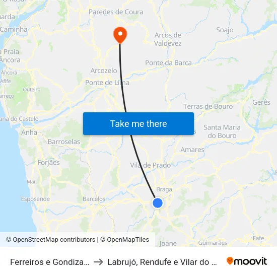 Ferreiros e Gondizalves to Labrujó, Rendufe e Vilar do Monte map