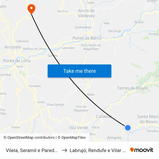 Vilela, Seramil e Paredes Secas to Labrujó, Rendufe e Vilar do Monte map