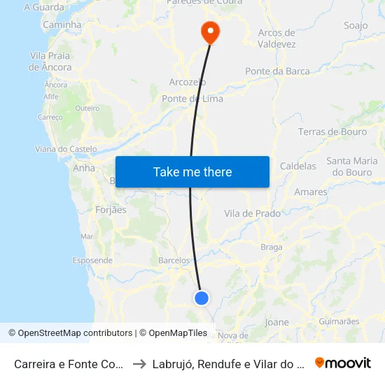 Carreira e Fonte Coberta to Labrujó, Rendufe e Vilar do Monte map