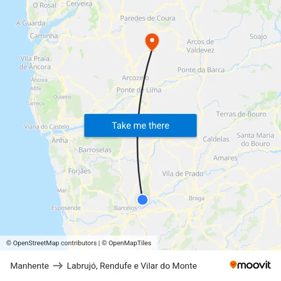 Manhente to Labrujó, Rendufe e Vilar do Monte map