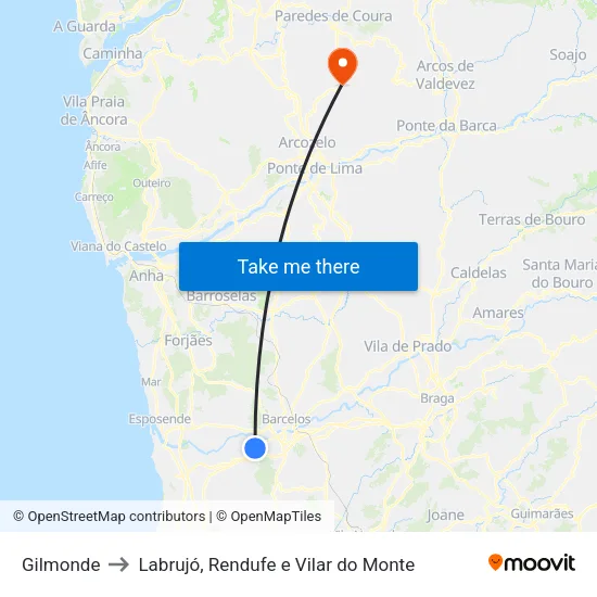 Gilmonde to Labrujó, Rendufe e Vilar do Monte map