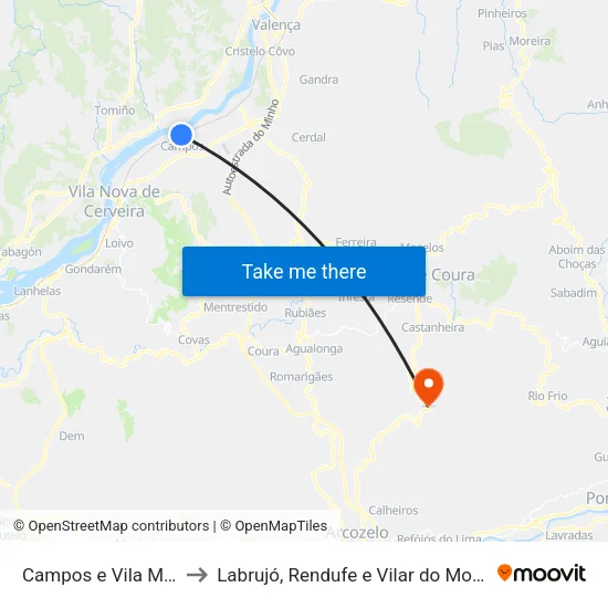 Campos e Vila Meã to Labrujó, Rendufe e Vilar do Monte map