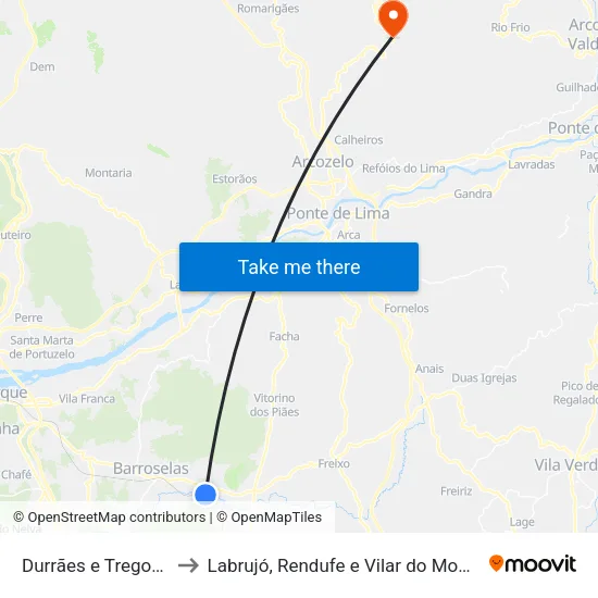 Durrães e Tregosa to Labrujó, Rendufe e Vilar do Monte map