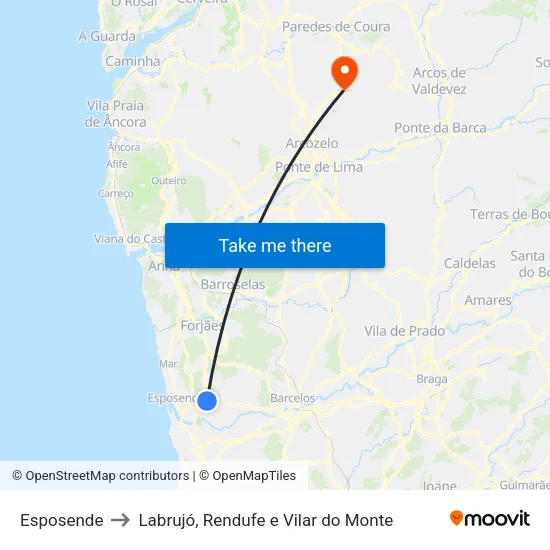 Esposende to Labrujó, Rendufe e Vilar do Monte map