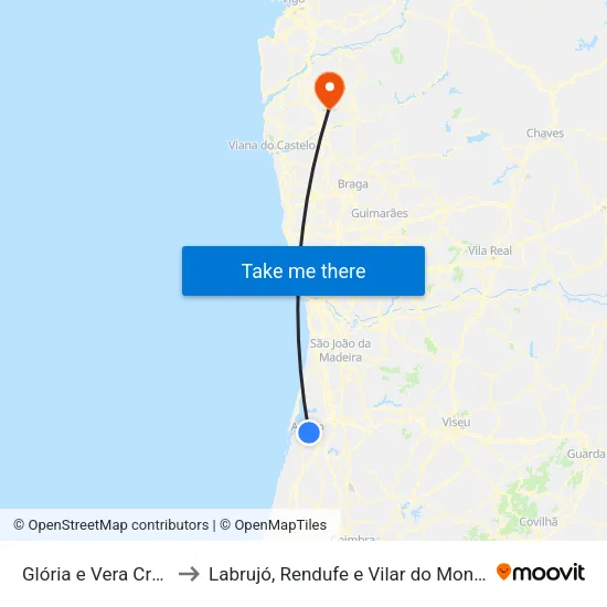 Glória e Vera Cruz to Labrujó, Rendufe e Vilar do Monte map