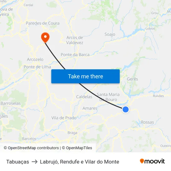 Tabuaças to Labrujó, Rendufe e Vilar do Monte map