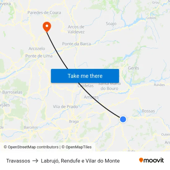 Travassos to Labrujó, Rendufe e Vilar do Monte map