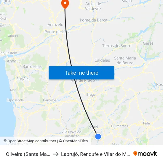 Oliveira (Santa Maria) to Labrujó, Rendufe e Vilar do Monte map