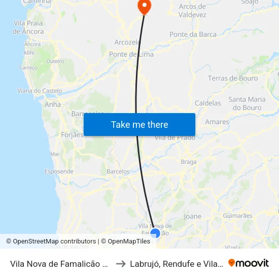 Vila Nova de Famalicão e Calendário to Labrujó, Rendufe e Vilar do Monte map