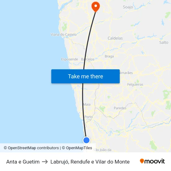Anta e Guetim to Labrujó, Rendufe e Vilar do Monte map