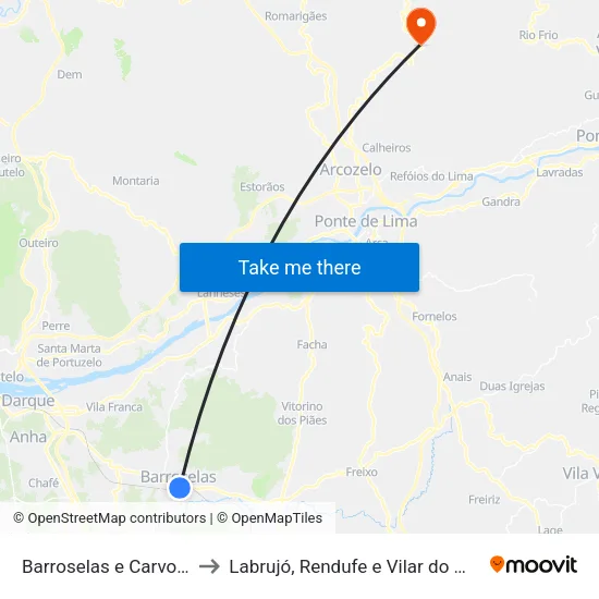 Barroselas e Carvoeiro to Labrujó, Rendufe e Vilar do Monte map