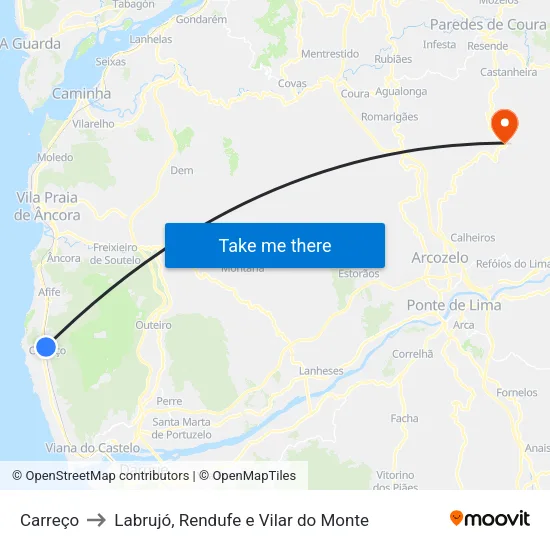 Carreço to Labrujó, Rendufe e Vilar do Monte map