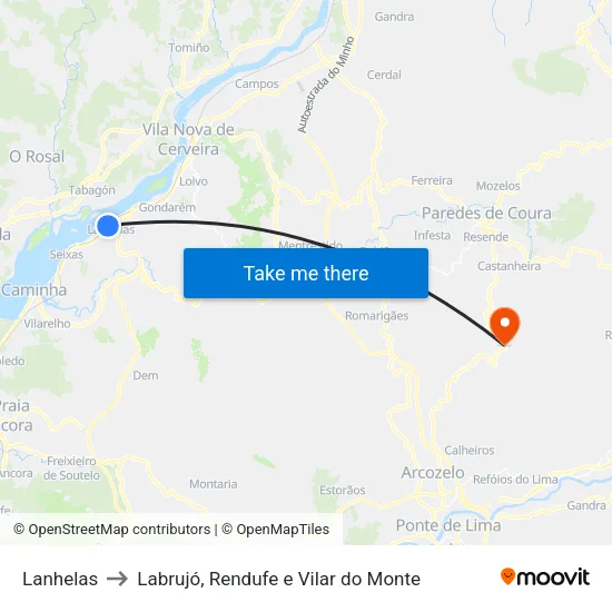 Lanhelas to Labrujó, Rendufe e Vilar do Monte map