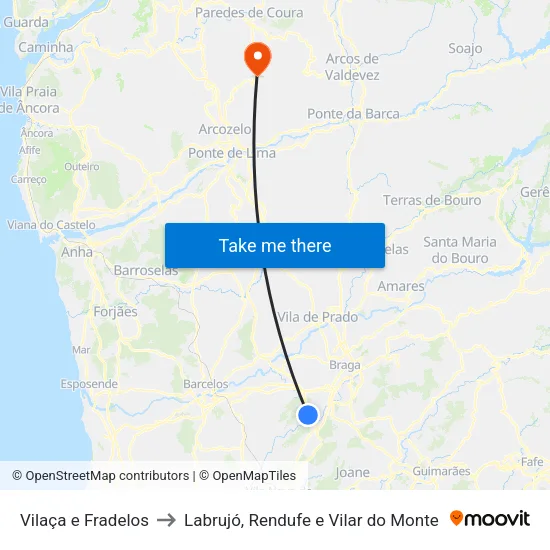 Vilaça e Fradelos to Labrujó, Rendufe e Vilar do Monte map