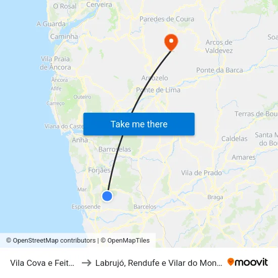 Vila Cova e Feitos to Labrujó, Rendufe e Vilar do Monte map
