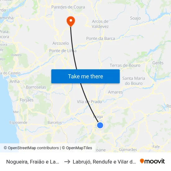 Nogueira, Fraião e Lamaçães to Labrujó, Rendufe e Vilar do Monte map