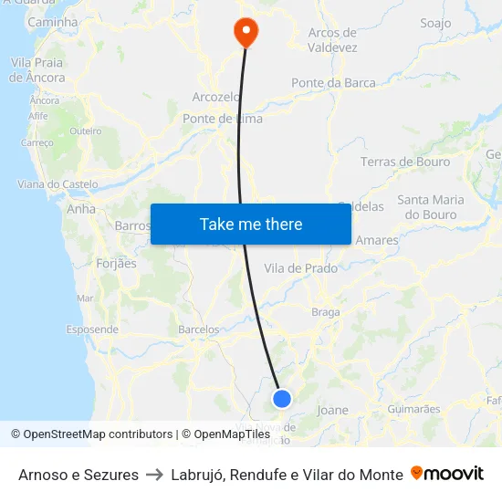 Arnoso e Sezures to Labrujó, Rendufe e Vilar do Monte map