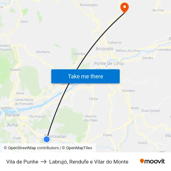 Vila de Punhe to Labrujó, Rendufe e Vilar do Monte map