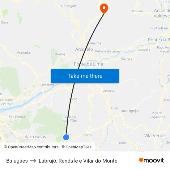 Balugães to Labrujó, Rendufe e Vilar do Monte map