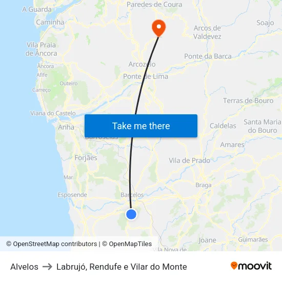 Alvelos to Labrujó, Rendufe e Vilar do Monte map