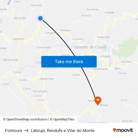 Fontoura to Labrujó, Rendufe e Vilar do Monte map