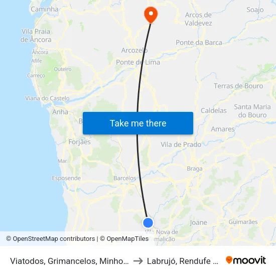 Viatodos, Grimancelos, Minhotães e Monte de Fralães to Labrujó, Rendufe e Vilar do Monte map