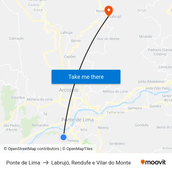 Ponte de Lima to Labrujó, Rendufe e Vilar do Monte map