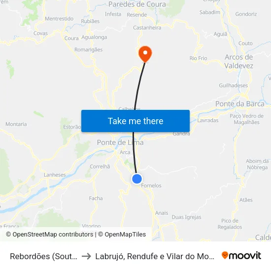 Rebordões (Souto) to Labrujó, Rendufe e Vilar do Monte map