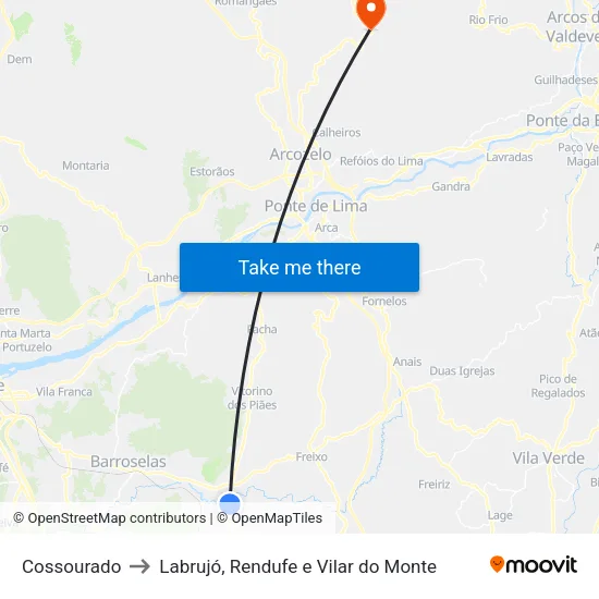 Cossourado to Labrujó, Rendufe e Vilar do Monte map