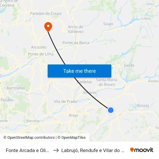 Fonte Arcada e Oliveira to Labrujó, Rendufe e Vilar do Monte map