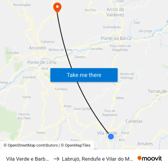 Vila Verde e Barbudo to Labrujó, Rendufe e Vilar do Monte map