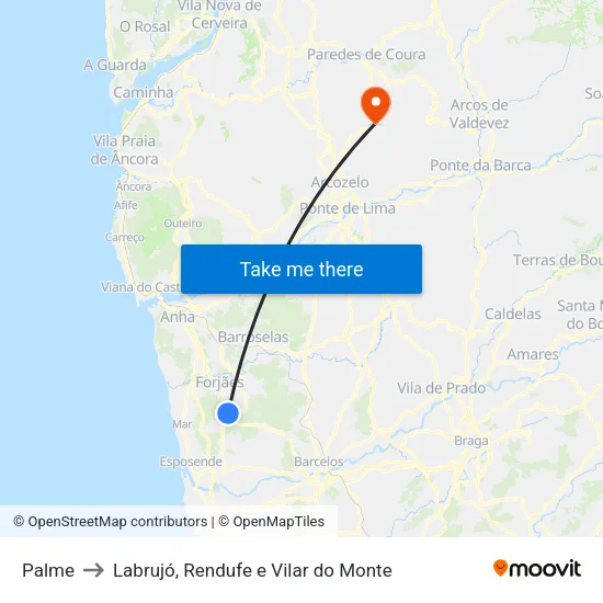 Palme to Labrujó, Rendufe e Vilar do Monte map