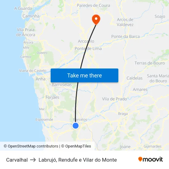 Carvalhal to Labrujó, Rendufe e Vilar do Monte map