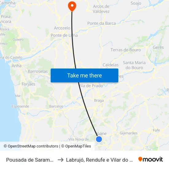 Pousada de Saramagos to Labrujó, Rendufe e Vilar do Monte map