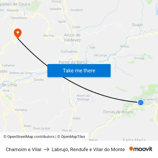 Chamoim e Vilar to Labrujó, Rendufe e Vilar do Monte map