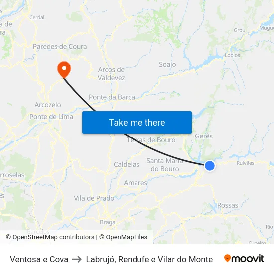 Ventosa e Cova to Labrujó, Rendufe e Vilar do Monte map