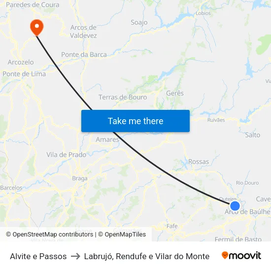 Alvite e Passos to Labrujó, Rendufe e Vilar do Monte map
