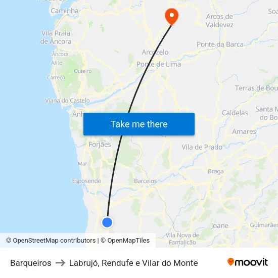Barqueiros to Labrujó, Rendufe e Vilar do Monte map