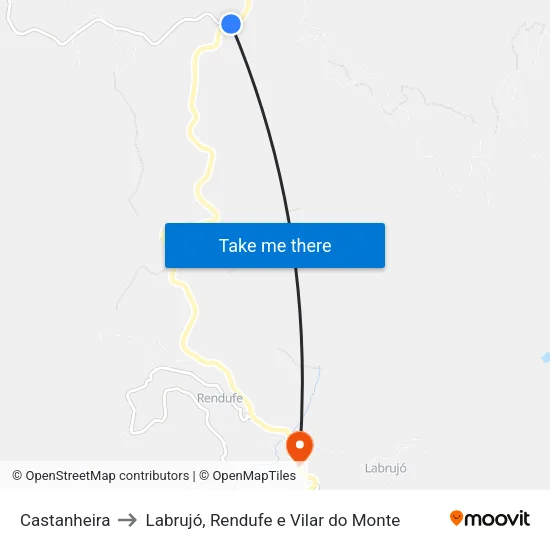 Castanheira to Labrujó, Rendufe e Vilar do Monte map