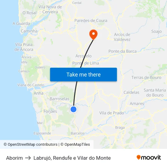 Aborim to Labrujó, Rendufe e Vilar do Monte map