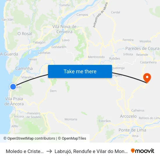 Moledo e Cristelo to Labrujó, Rendufe e Vilar do Monte map